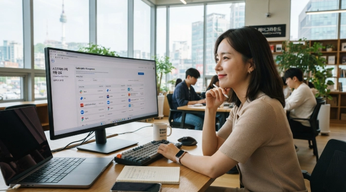 모니터를 보며 불필요한 인공지능 구독 서비스를 점검하고 해지하는 한국인 여성