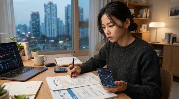 근로장려금 감액 기준과 재산 내역 서류를 꼼꼼히 검토하는 한국인 여성