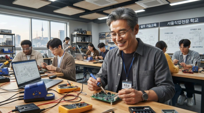 직업훈련기관에서 기술 교육 실습에 집중하고 있는 50대 한국인 남성 학습자