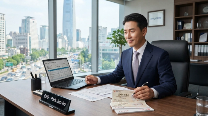 추석 명절을 앞두고 사무실에서 법인 상품권 구매 및 지출 증빙 서류를 검토하는 한국인 중소기업 대표