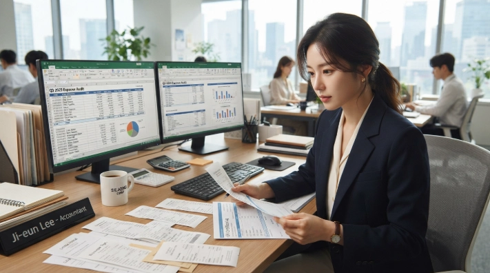 법인카드 상품권 영수증과 회계 장부를 꼼꼼하게 대조 및 검토하는 한국인 재무 담당자