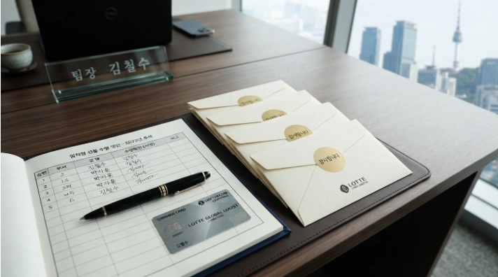 명절 임직원 및 거래처 배부를 위해 정돈된 상품권 봉투와 수불관리대장 서식
