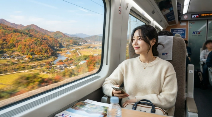추석 연휴 KTX 열차 창가 좌석에서 편안하게 여행하는 한국인 여성 승객