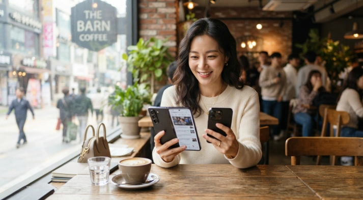 모던한 카페에서 일반 스마트폰과 대화면 폴더블 기기를 비교하고 있는 30대 한국인 여성