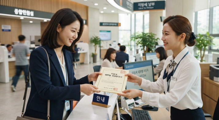 관할 지자체 세무과를 방문하여 토지 과세내역 증명서를 발급받는 한국인 여성