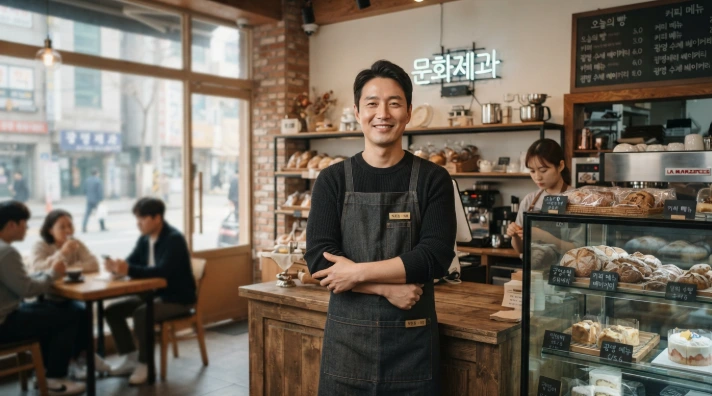 광명시에서 매장을 운영하며 소상공인 지원 혜택을 확인하는 40대 한국인 대표의 모습