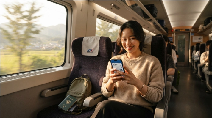 KTX 열차 안에서 스마트폰으로 성공적인 예매 확인 화면을 보며 미소 짓는 한국인 여성 승객