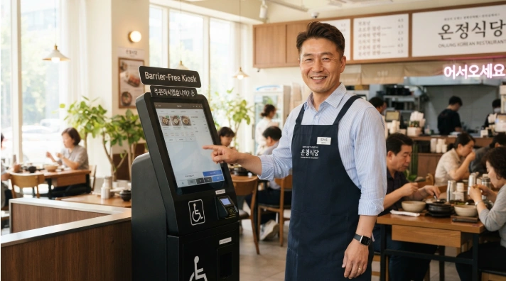 한국인 식당 대표가 매장에 설치된 최신 배리어프리 키오스크를 점검하며 미소 짓는 모습