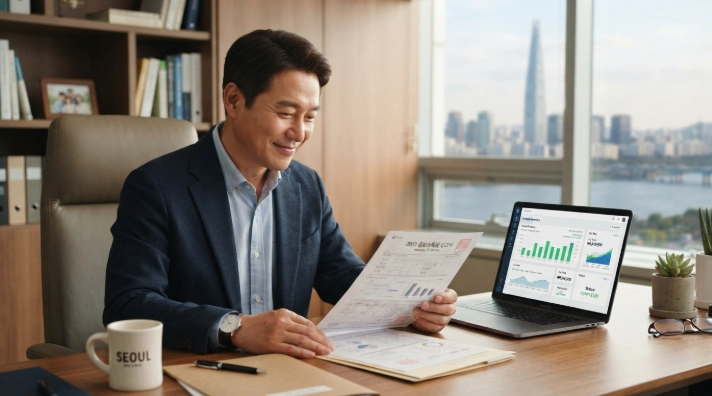 폐업 후 부가세 체납 소멸시효와 세무 서류를 검토하며 해결 방안을 찾는 한국인 남성