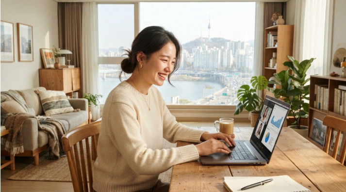 밝은 햇살이 비치는 신축 행복주택 아파트 거실에서 행복한 미소를 짓고있는 당첨 입주자