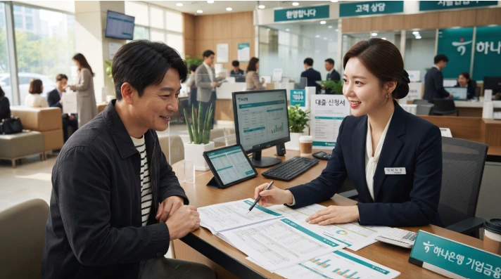 소상공인 경영안정자금 특례보증 신청 서류를 상담 중인 은행 창구