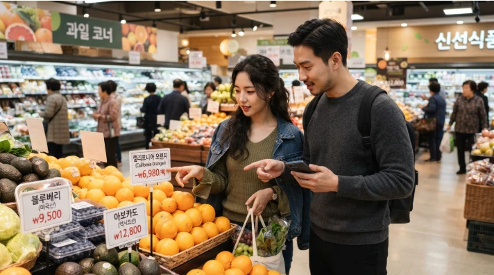 마트 신선식품 코너에서 수입 식료품 가격표를 확인하는 한국인 커플