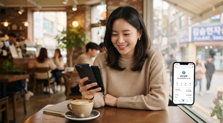 스마트폰으로 토스 해외송금 도착 예정 시간을 확인하며 안도하는 한국인 여성