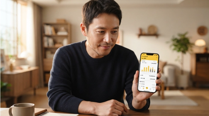 스마트폰 금융 앱으로 비상금 대출 한도 및 심사 결과를 조회하는 모습