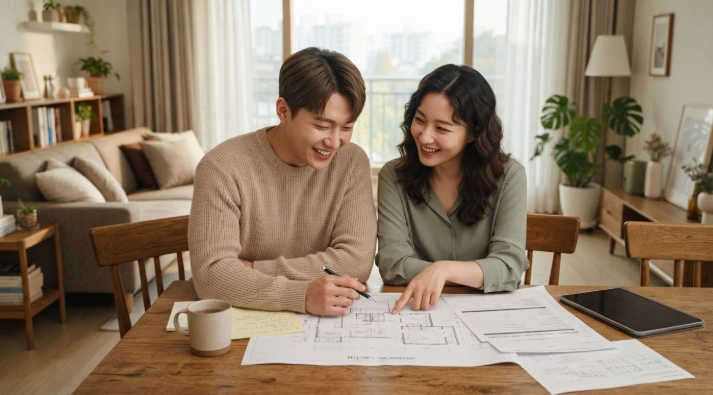 신축 행복주택 아파트 청약조건을 검토하는 부부