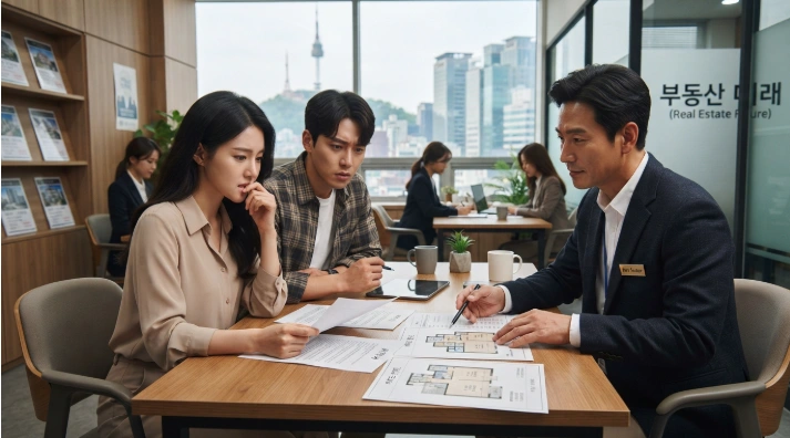 부동산 중개업소에서 아파트 매매 상담을 나누는 한국인 공인중개사와 다주택자