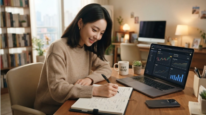 노트북과 플래너를 펼쳐두고 은행별 청년미래적금 최고금리와 이자 차이를 꼼꼼히 계산하는 모습