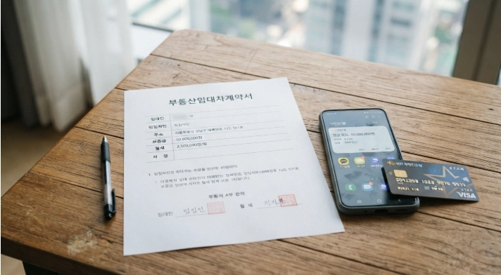 임대차 계약서와 함께 놓인 신용카드와 스마트폰 금융 결제 화면