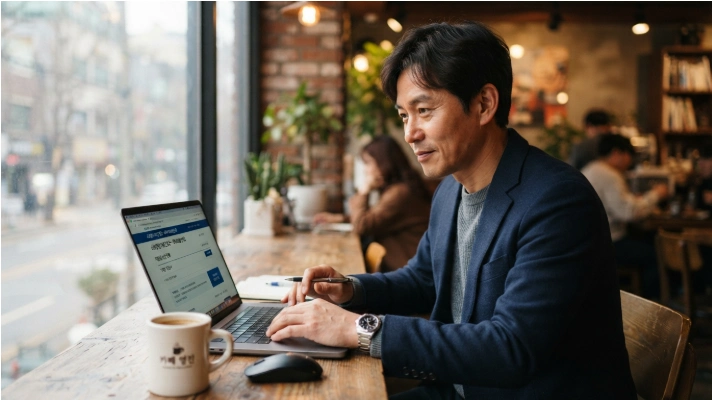 노트북으로 자영업자 고용보험료 지원 신청 사이트를 확인하는 한국인 자영업자