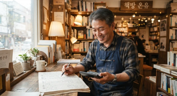 재도전특별자금 신청을 위해 서류를 확인하며 희망찬 표정을 짓고 있는 한국 소상공인 대표