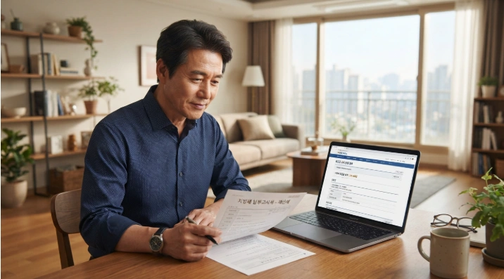 재산세 고지서와 노트북 화면의 위택스 세금 환급 시스템을 확인하는 한국인 주택 소유자