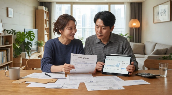 재산세 고지서와 온라인 내역을 함께 검토하는 한국인 부부