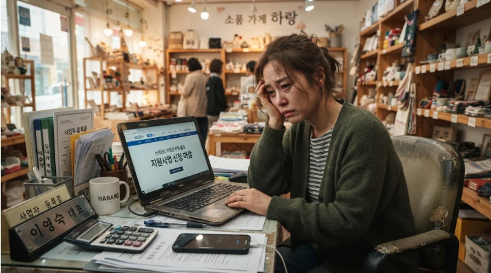 정부 지원사업 신청 마감 화면을 확인하며 고민하는 한국인 소상공인 여성 대표