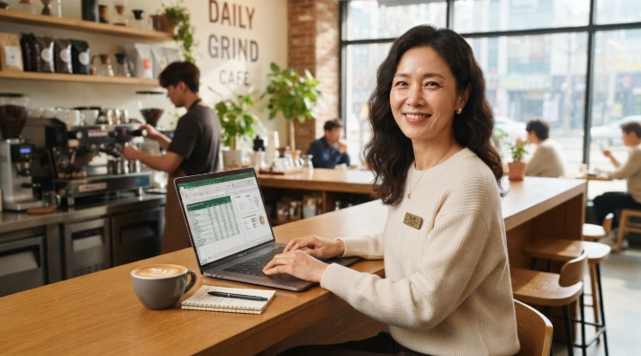 매장 카운터에서 정책자금 신청 요건을 꼼꼼히 확인하는 한국 여성 자영업자