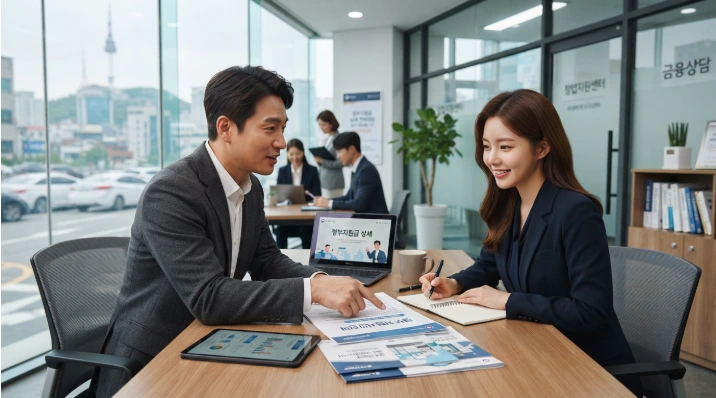 지역 소상공인 지원 제도를 상담받고 있는 한국인 사장님