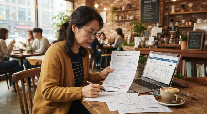 카페 매장에서 지원사업 신청 서류와 노트북을 꼼꼼하게 검토 중인 한국인 소상공인 대표