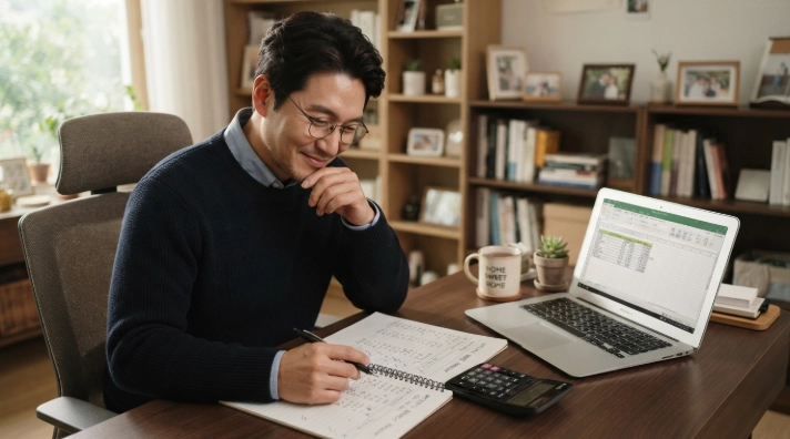 책상에서 지출 계획과 월세 결제 일정을 꼼꼼하게 정리하는 40대 한국인 이직 준비생
