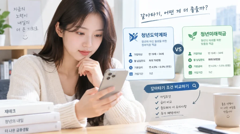 스마트폰으로 청년도약계좌와 청년미래적금 갈아타기 조건을 비교하고 있는 20대 한국인 여성