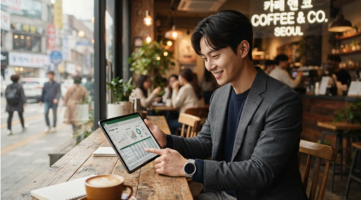 카페에서 태블릿으로 청년미래적금 우대금리 충족 조건을 체크하고 있는 한국인 청년
