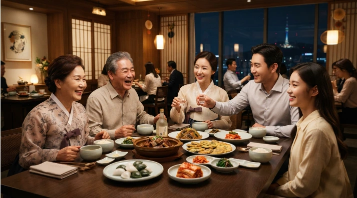 추석 연휴 고급 한식 다이닝에서 화목하게 외식을 즐기는 한국인 가족의 모습