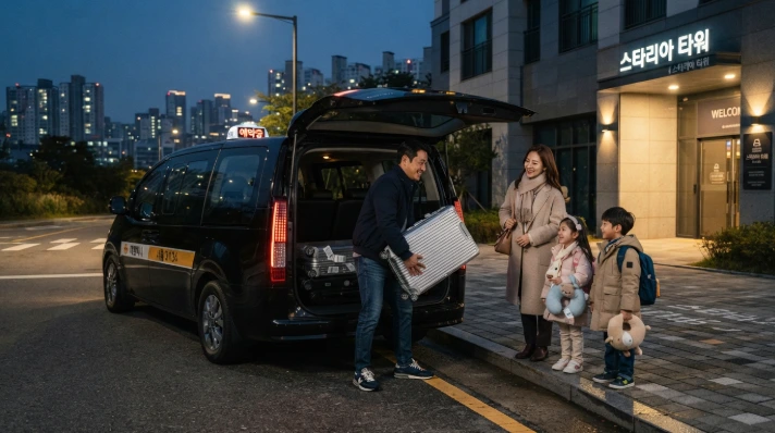 추석 새벽 인천공항 출발을 위해 대형 택시에 짐을 싣는 4인 가족의 모습