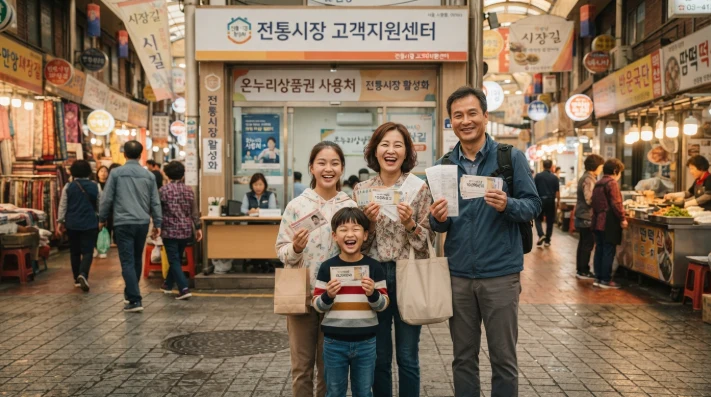 가족 단위로 추석 전통시장을 방문해 온누리상품권을 환급받은 모습
