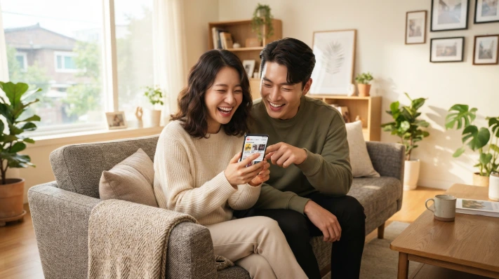 스마트폰 친구 초대 링크를 공유하며 돈나무 품앗이를 함께하는 한국인 남녀