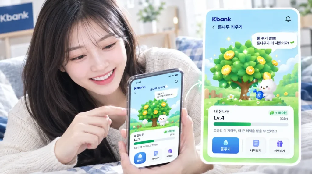 스마트폰 화면 속에서 자라나는 케이뱅크 돈나무 가상 식물과 물주기 기능 인터페이스