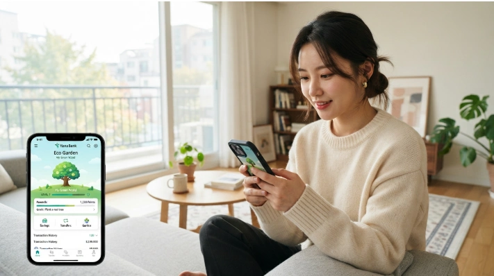 스마트폰으로 케이뱅크 돈나무 키우기 앱 오류를 확인하고 해결하는 한국인 여성