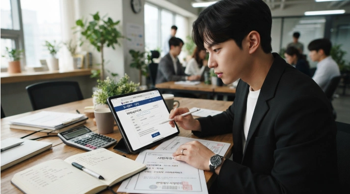 태블릿을 이용해 소상공인정책자금 포털에서 특별자금을 온라인 신청하는 모습