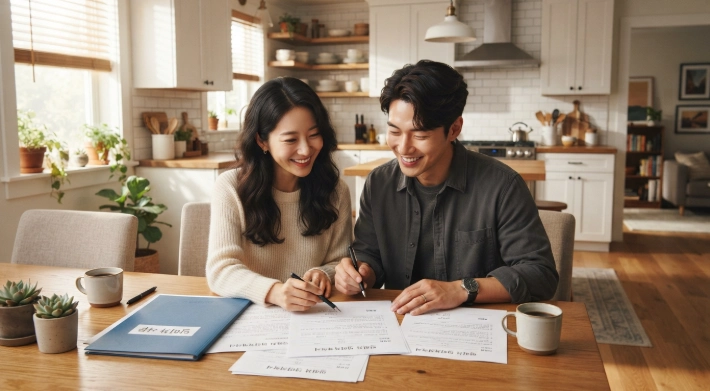 행복주택 입주 안내 서류를 검토하며 밝은 표정을 짓고 있는 젊은 한국인 부부