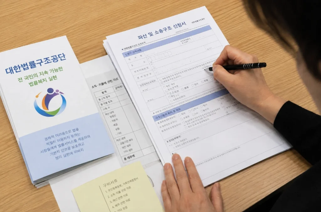 법률구조공단 파산 및 소송구조 신청 서류를 작성하는 모습