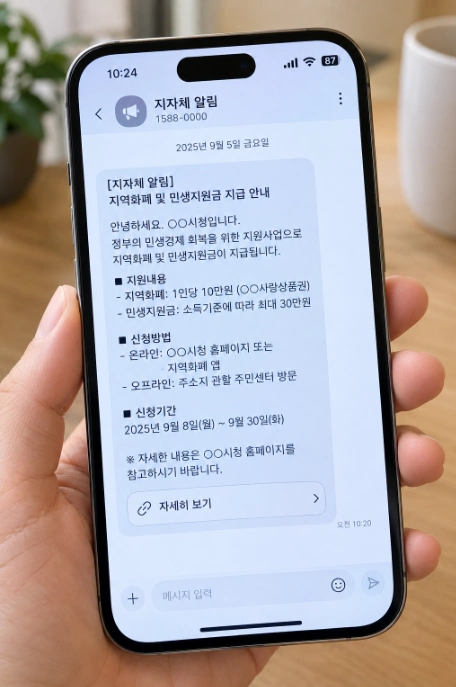 스마트폰으로 전송된 지역화폐 및 민생지원금 지급 안내 알림 화면