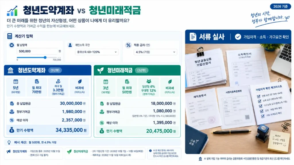 청년도약계좌와 청년미래적금의 만기 수령액과 정부기여금을 비교하는 가로형 계산기 및 가입자격 서류 실사 안내 이미지