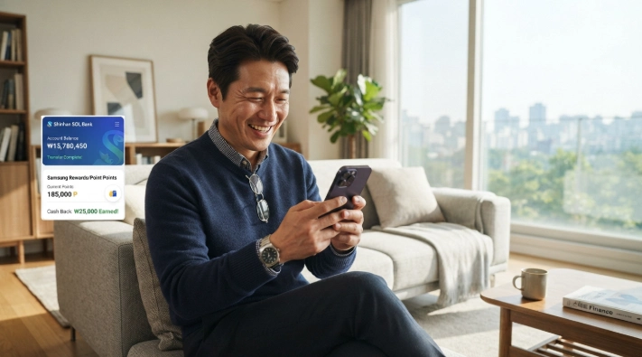 스마트폰으로 모니모 앱을 통해 삼성카드 유포인트를 조회하고 현금으로 전환하는 한국인 남성 직장인