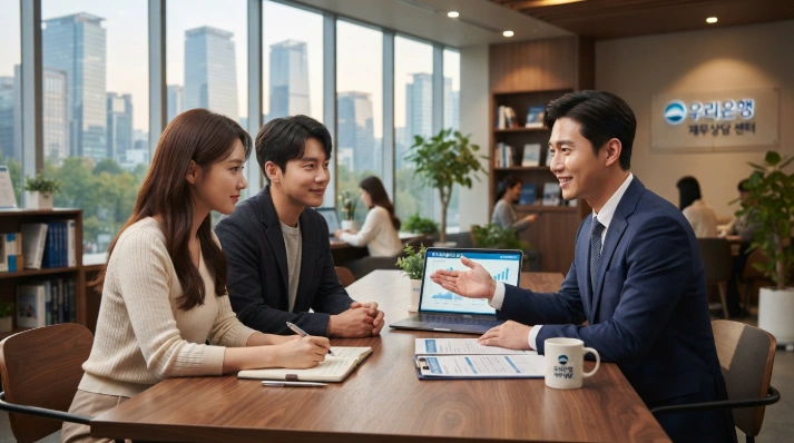 은행 창구에서 생계비계좌 상담을 진행하는 한국인 은행원과 고객