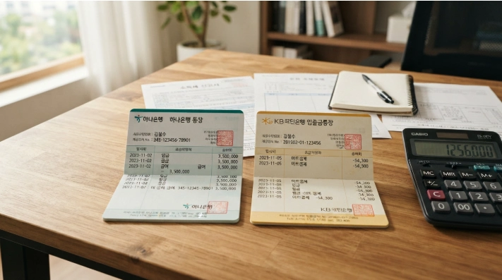 생계비계좌와 행복지킴이통장의 차이를 비교하기 위해 나란히 놓인 은행 통장과 서류