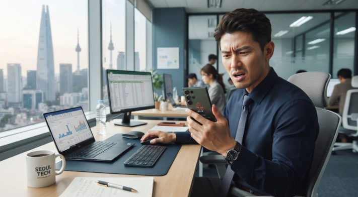 생계비계좌 입금 한도 초과 오류 화면을 보며 고민하는 한국인 직장인