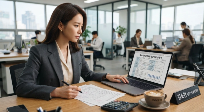 노트북으로 소상공인 대리대출 조건과 신청 서류를 검토하는 한국인 사업자