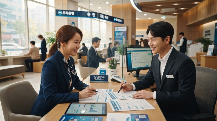 취급은행 창구에서 소상공인 대환대출 심사 서류를 상담 중인 한국인 소상공인